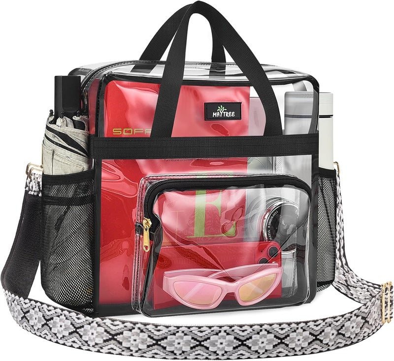 MAYTREE Clear Bag for Stadium Events, 12x6x12 Clear Tote Bag with Removable Strap, Transparent Bag for Concert Sports Festival, White Block-Strap - Image 1